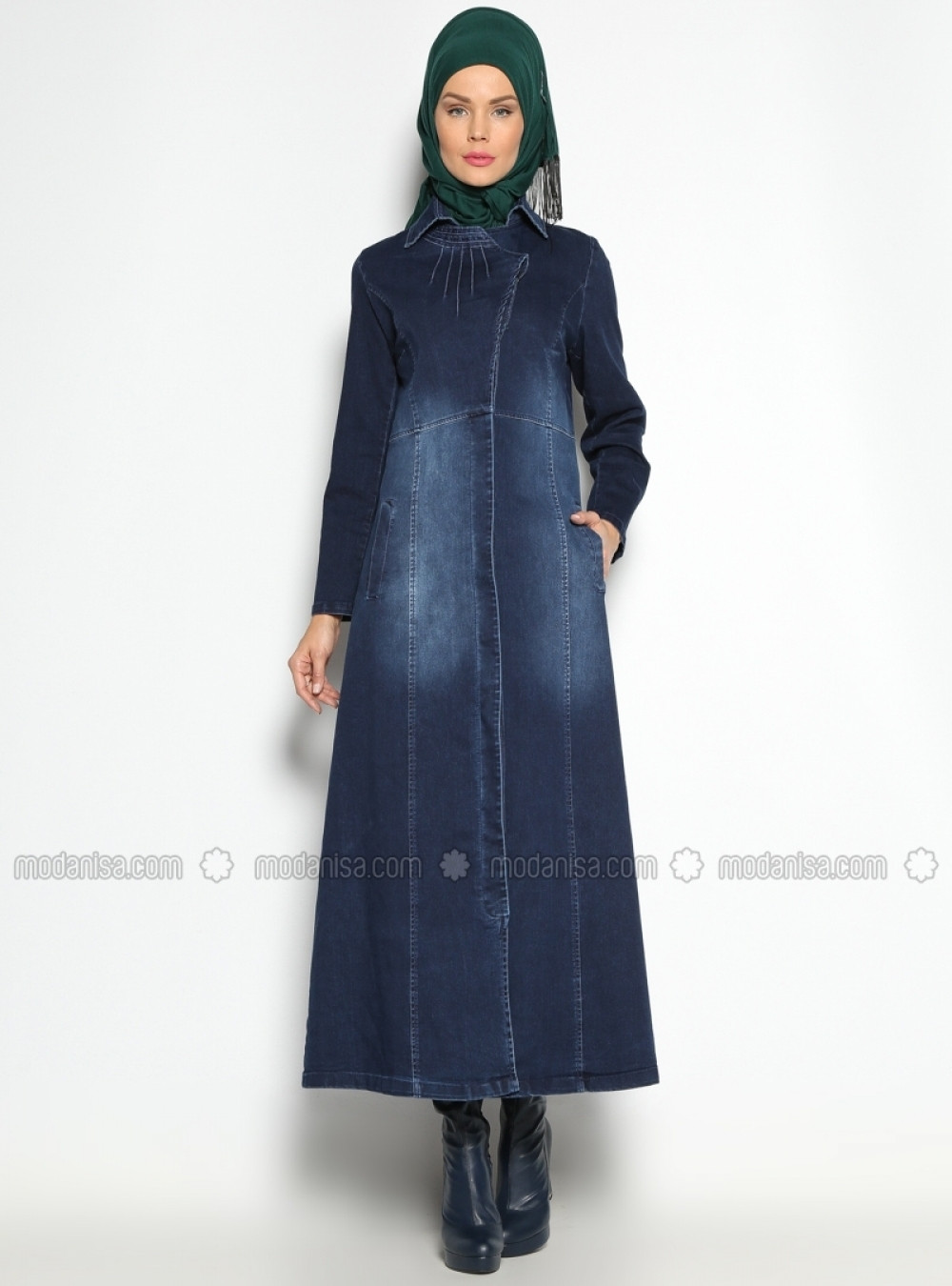 Denim RTW Sivri Yaka Lacivert Kot Pardesü