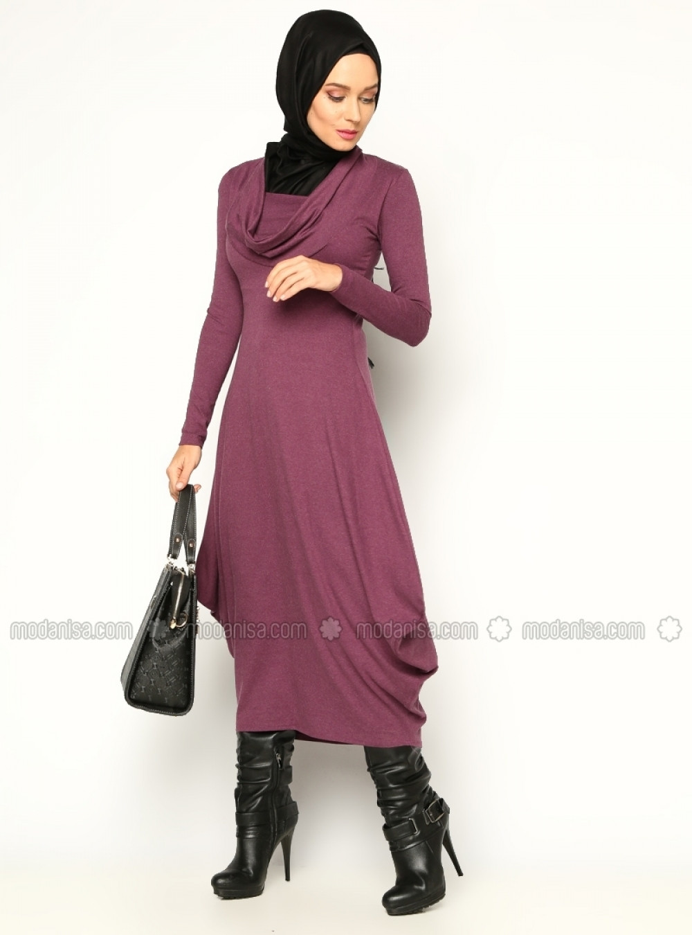 Topless Şal Yaka Mor Degaje Yaka Elbise