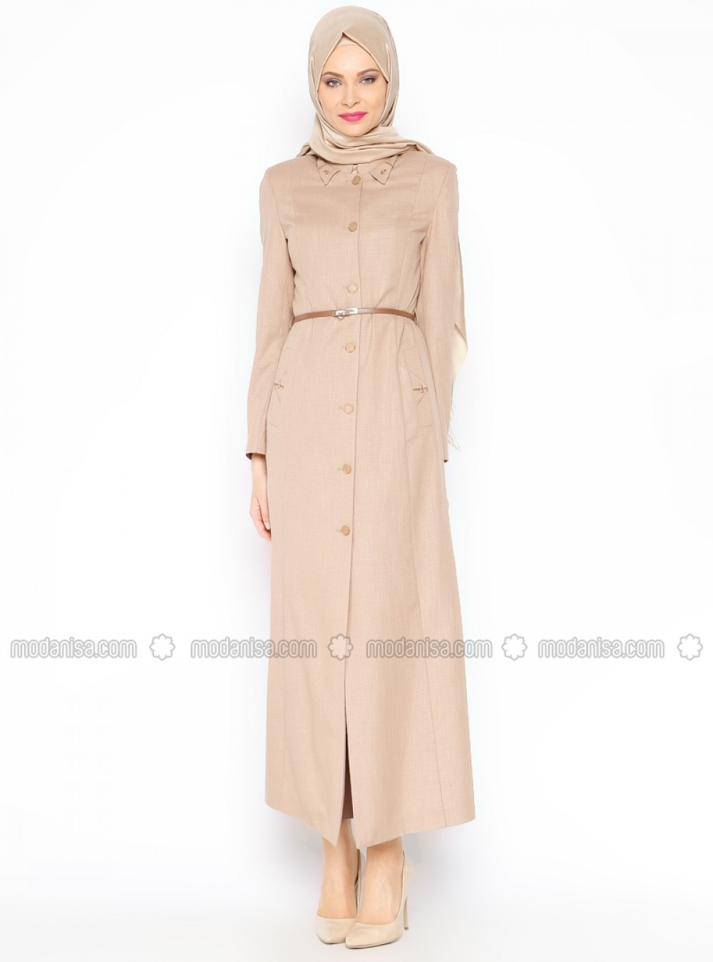 Nihan Düğmeli Bej Pardesü