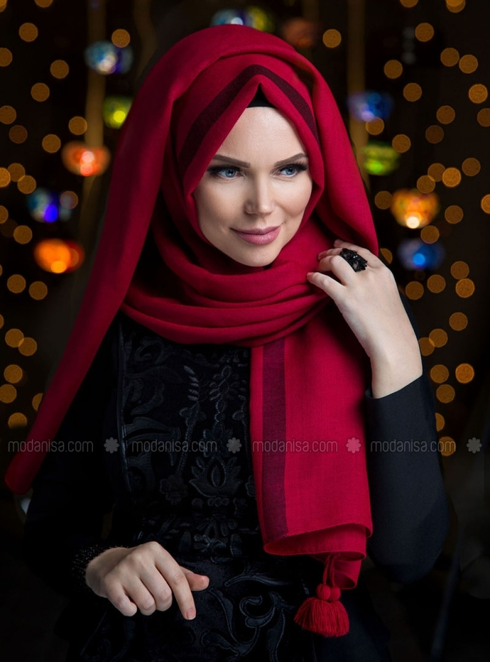 Muslima Wear Queen Püsküllü Gül kirmizisi Şal