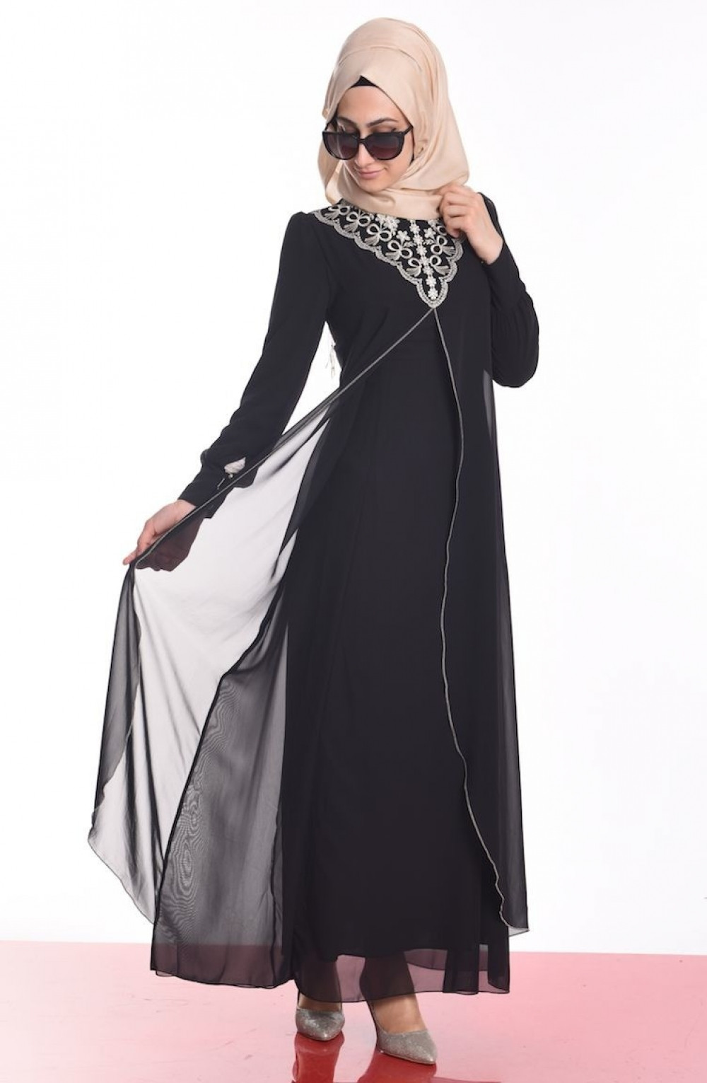Sefamerve Dantel Yakalı Siyah Abiye Elbise