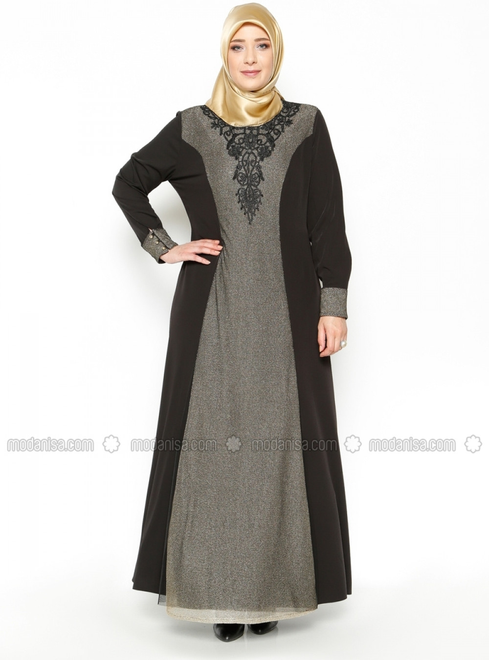 Moda Özveri Güpür Detaylı Siyah Abiye Elbise