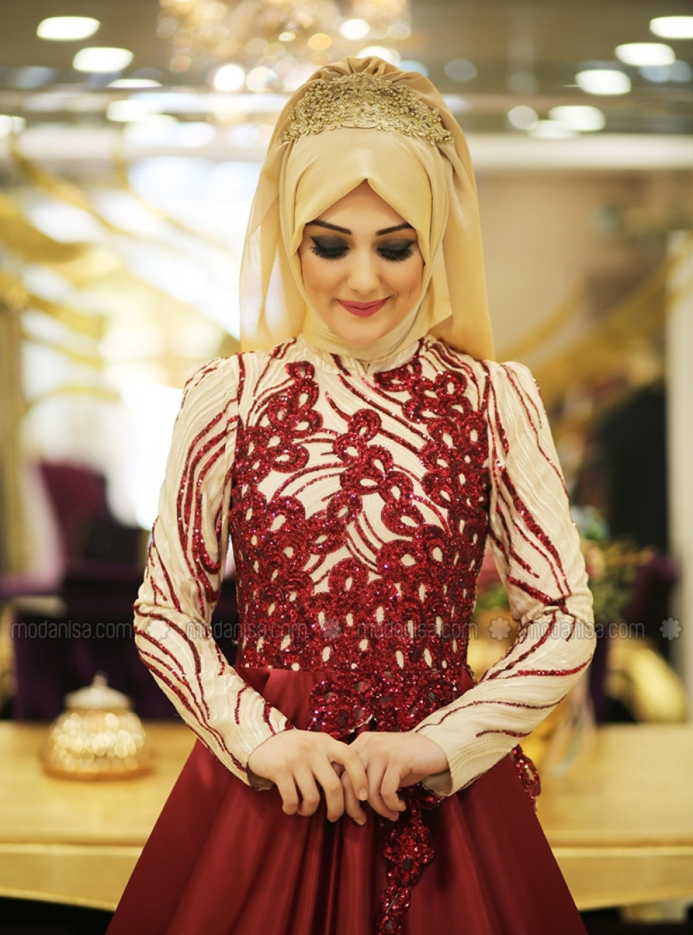 Minel Aşk Üzüm Bordo Abiye Elbise