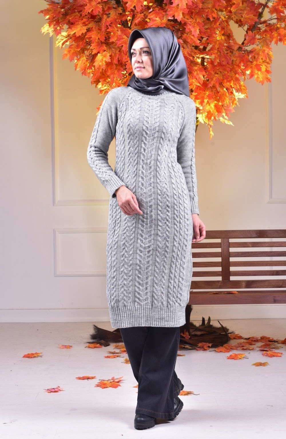 Sefamerve Örgü Motifli Triko Gri Tunik
