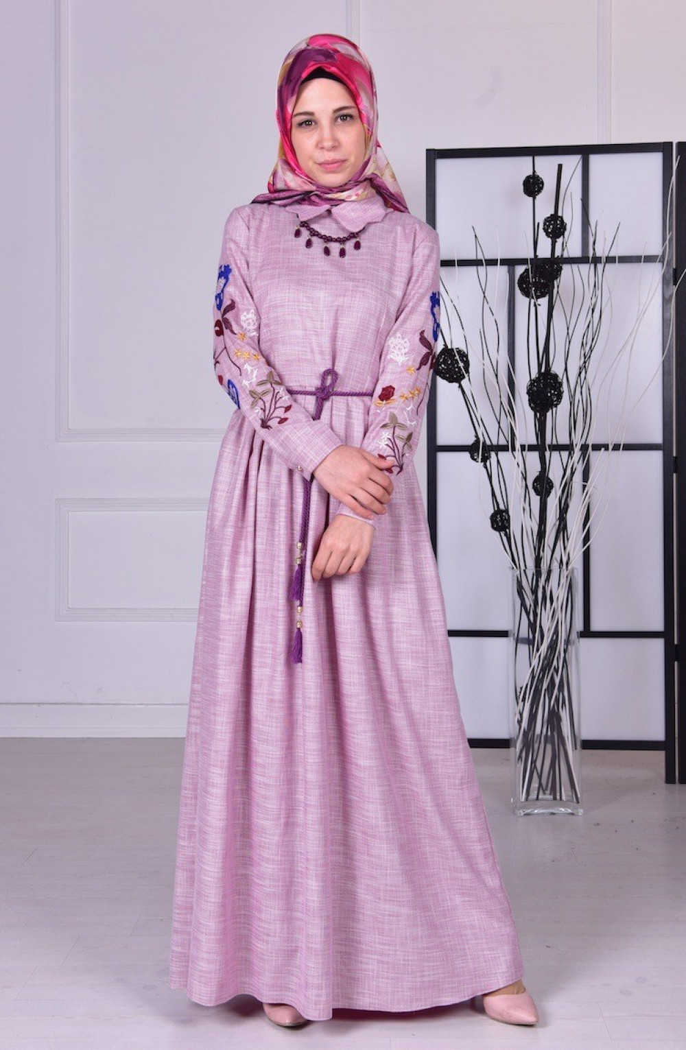 Sefamerve Nakışlı Keten Koyu Pembe Elbise