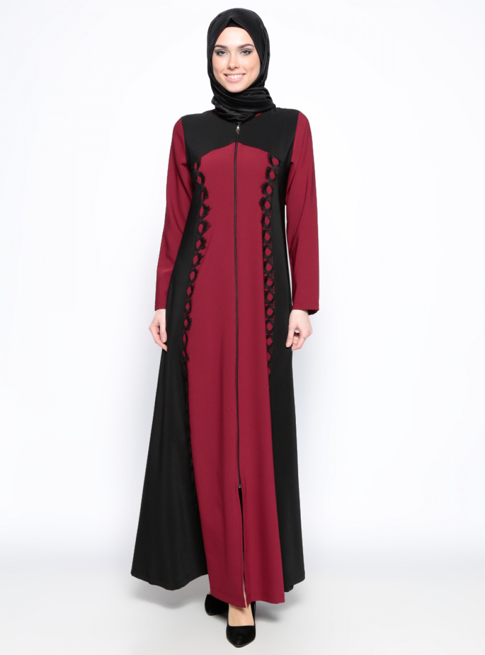 Ginezza Güpür Detaylı Fermuarlı Bordo Ferace