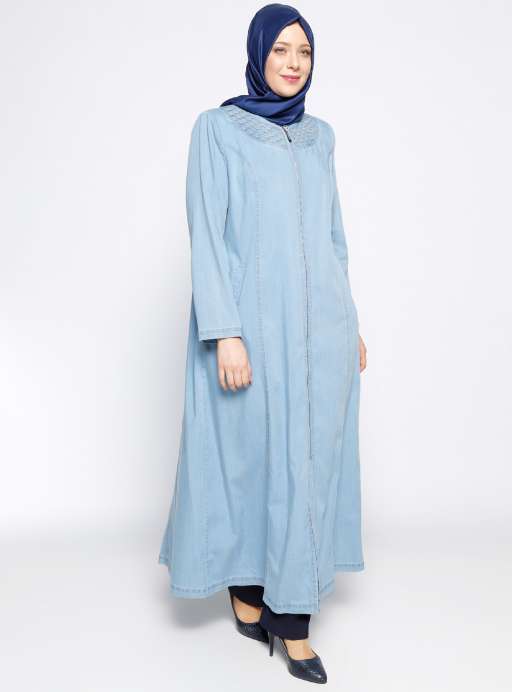 AFİFE Fermuarlı Kot Buz Mavisi Pardesü