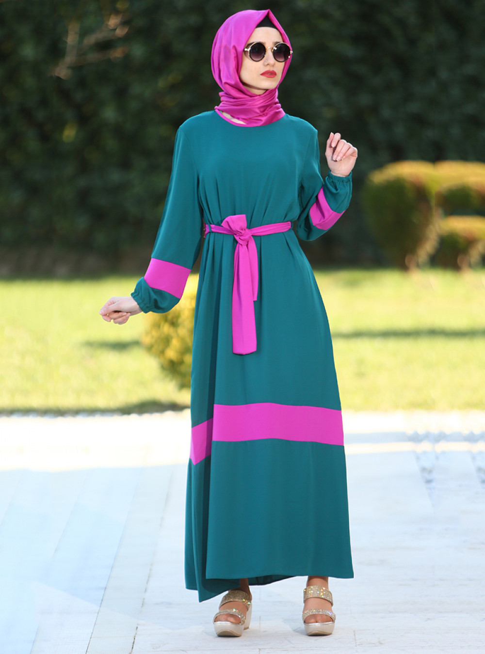 Fatma Aydın Kuşaklı Yeşil Fuşya Elbise