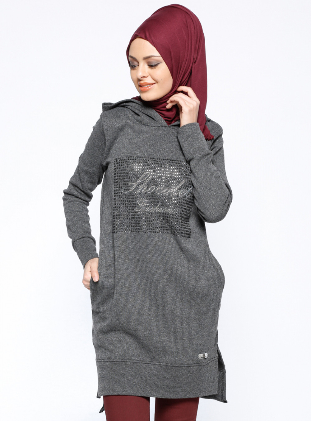 Eflatun Drop Baskılı Füme Tunik