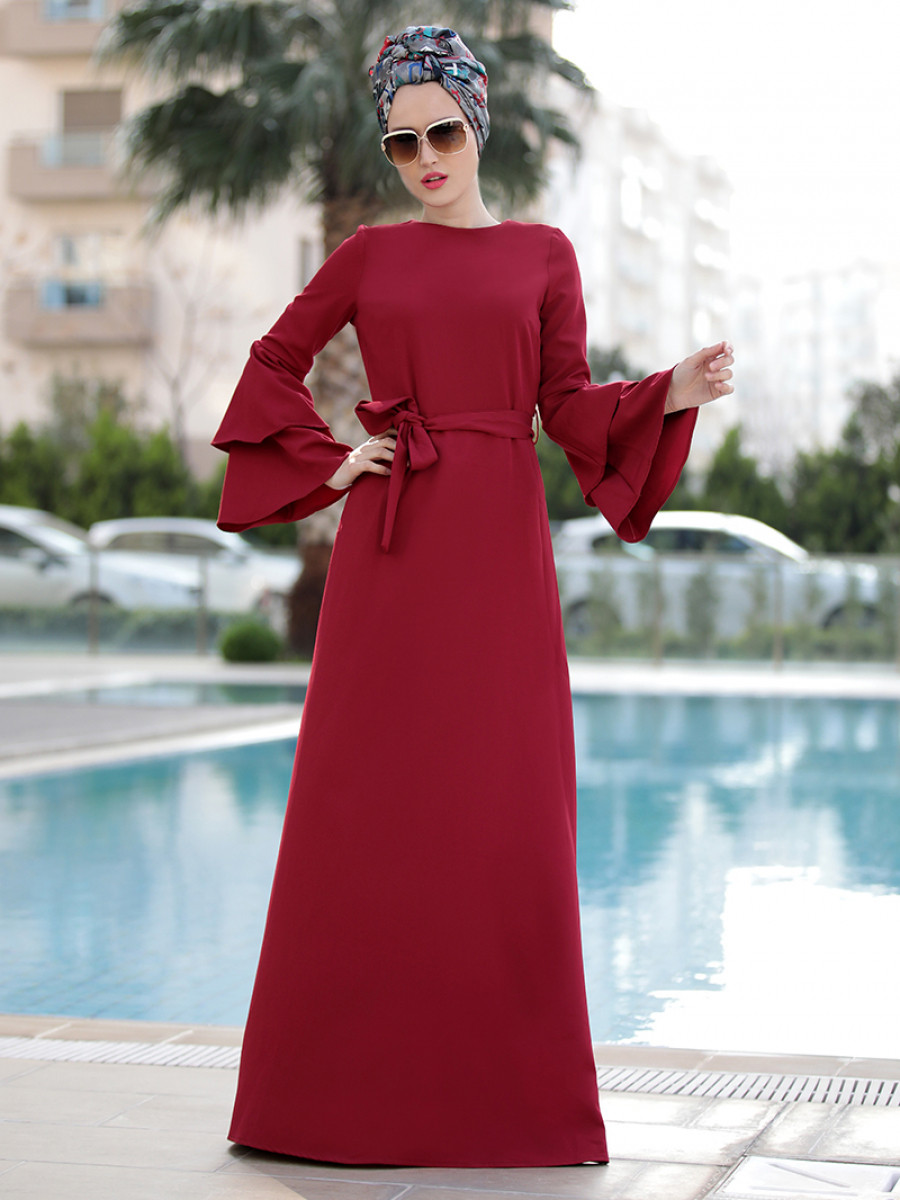 Selma Sarı Design Volanlı Işık Bordo Elbise