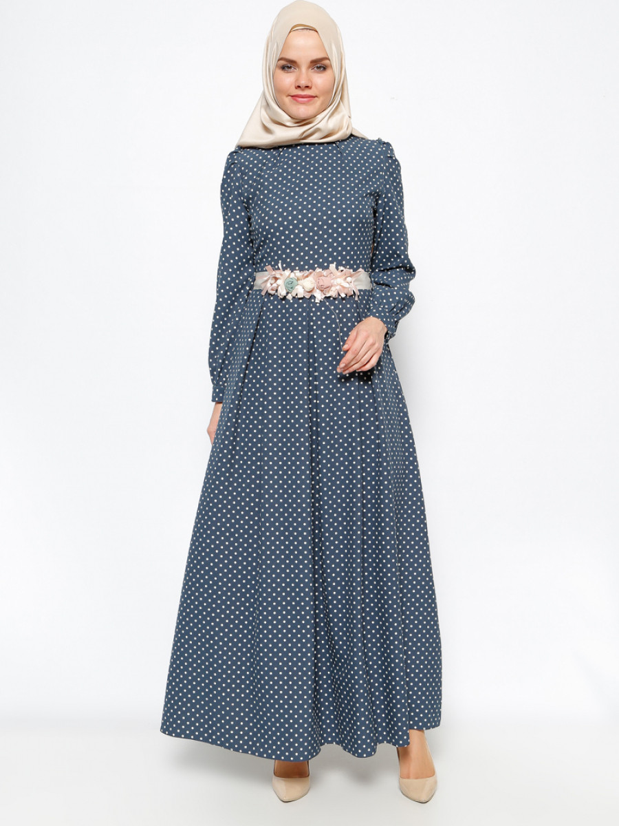 BÜRÜN Puantiyeli Lacivert Beyaz Elbise
