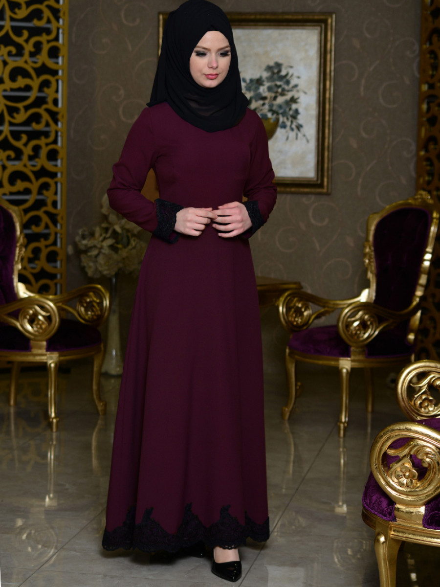 Night Blue Collection Fransız Dantel Güpürlü Bordo Abiye Elbise