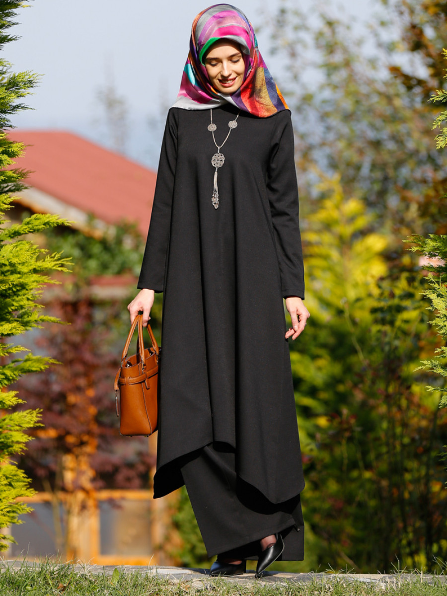 Kübra Biriktir Bonnie Keten Tunik&Pantolon İkili Siyah Takım