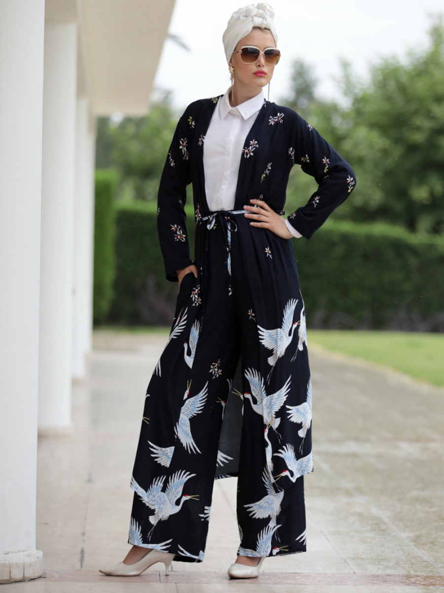 Selma Sarı Design Kuş Desenli Lacivert Pantolon