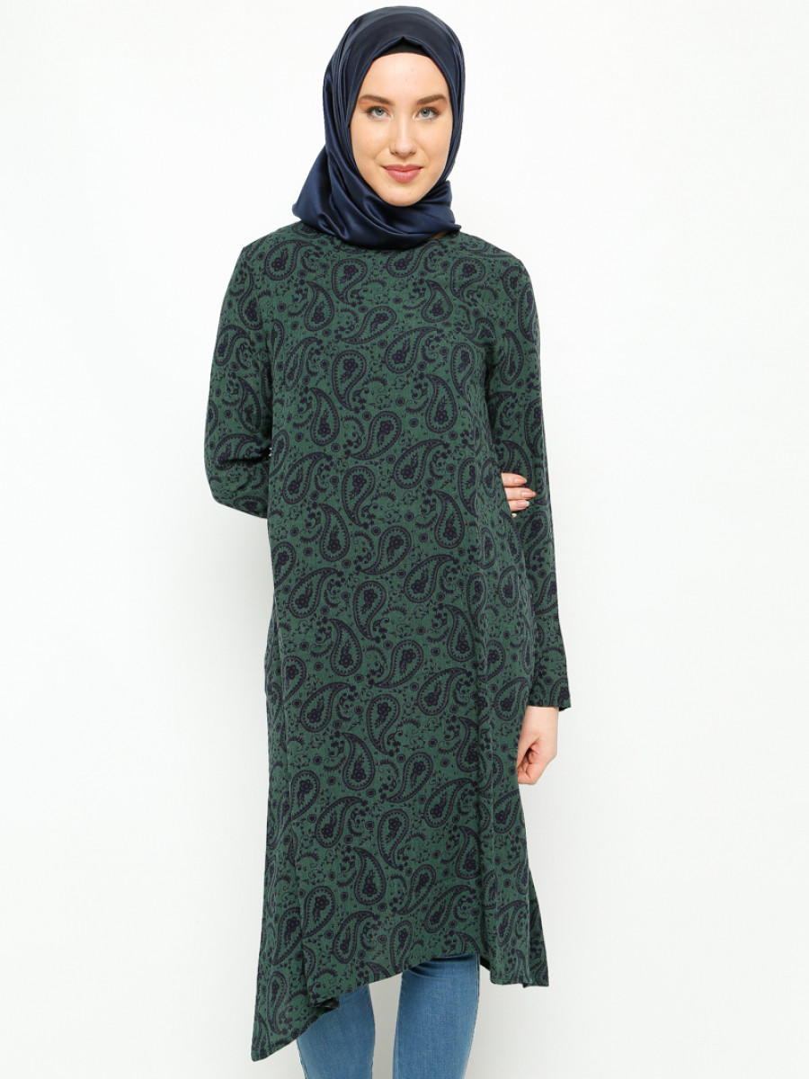 Eflatun Şal Desenli Yeşil Tunik