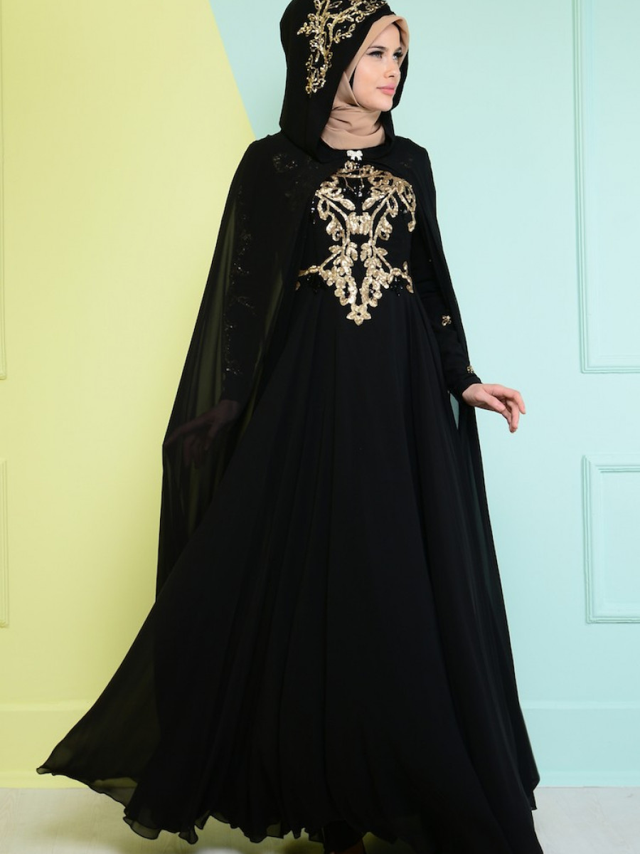 Sefamerve Pelerin Detaylı Siyah Abiye Elbise Ehli Tesettür