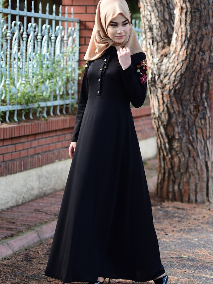 Sefamerve Nakışlı Siyah Elbise