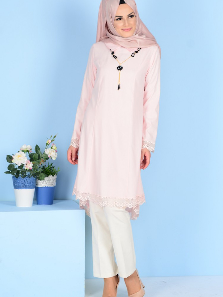 Sefamerve Dantelli Toz Pembe Tunik