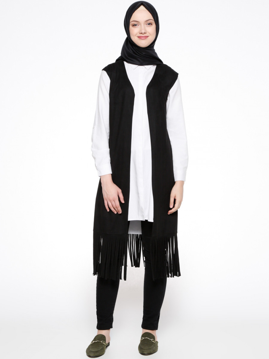 Beha Tesettür Püsküllü Süet Siyah Yelek