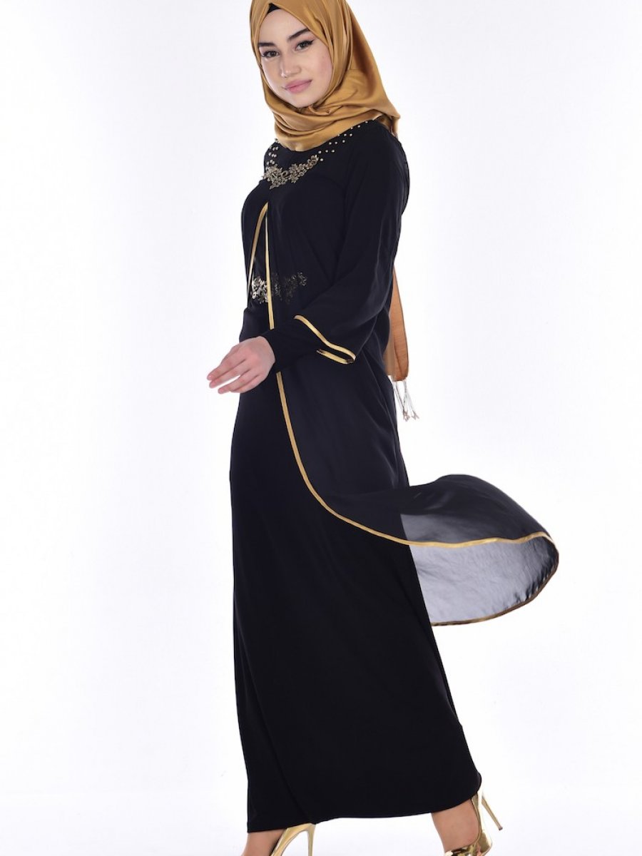Sefamerve İnci Detaylı Siyah Abiye Elbise