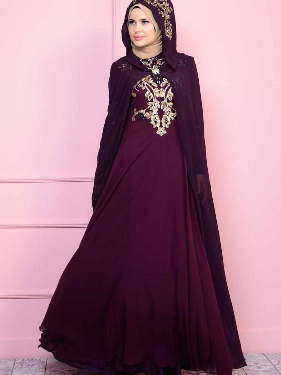 Sefamerve Pelerin Detaylı Mor Abiye Elbise Ehli Tesettür