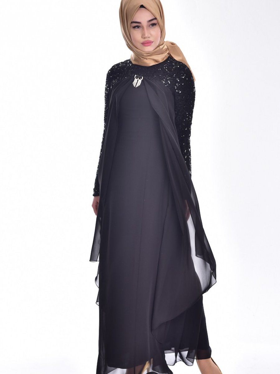 Sefamerve Broş Detaylı Şifon Siyah Abiye Elbise