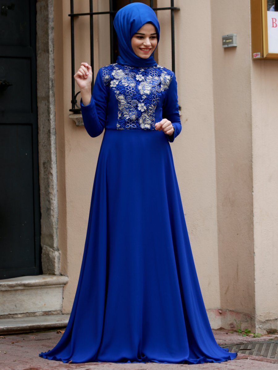 Cool Vera Şifon Lacivert Çiçekli Abiye Elbise