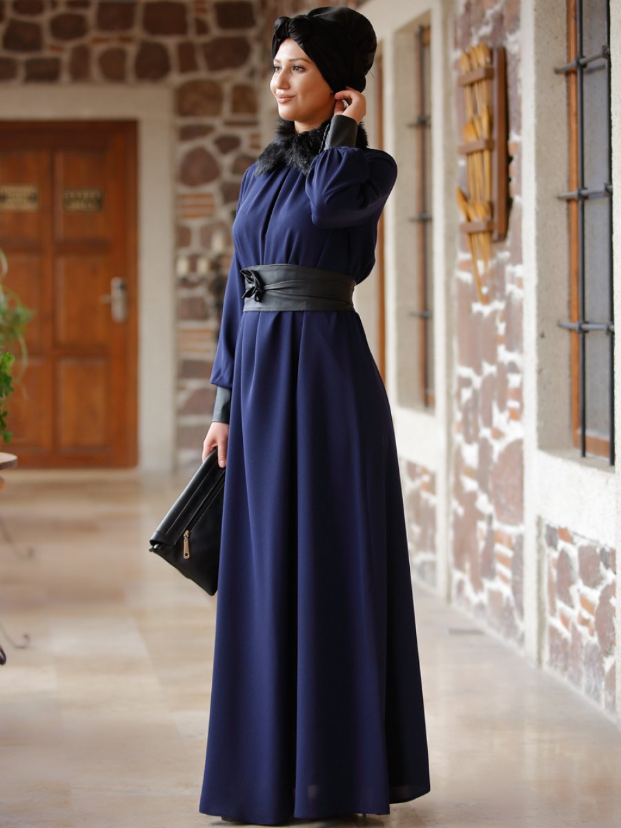 Rana Zenn Deri Detaylı Efsun Lacivert Elbise