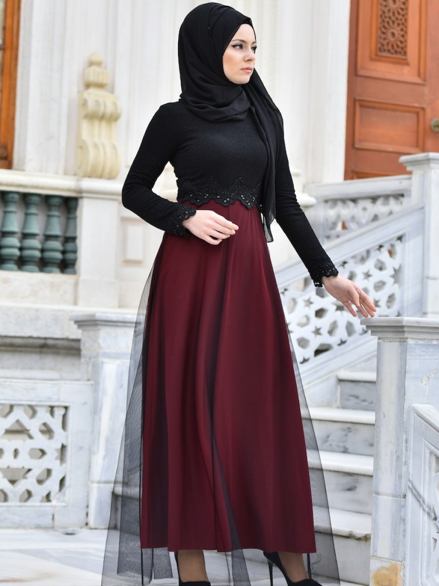 Sefamerve Güpürlü Siyah Bordo Abiye Elbise