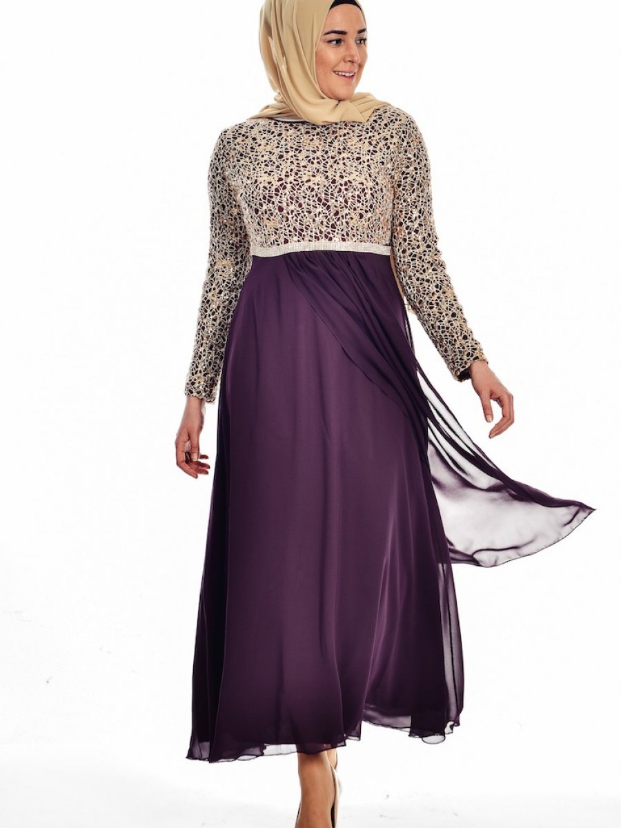 Sefamerve Büyük Beden Şifon Mor Abiye Elbise