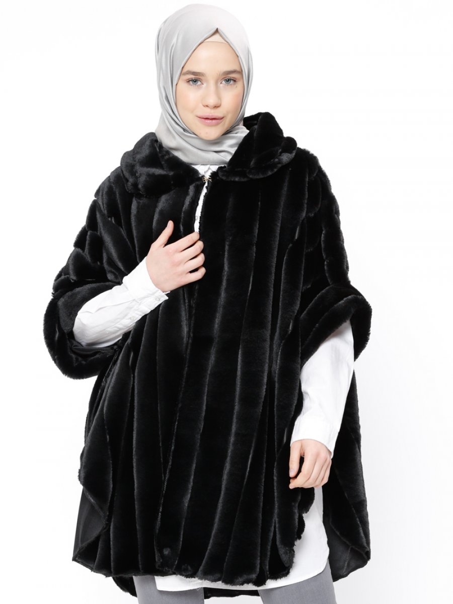 XTREND Kürklü Siyah Panço