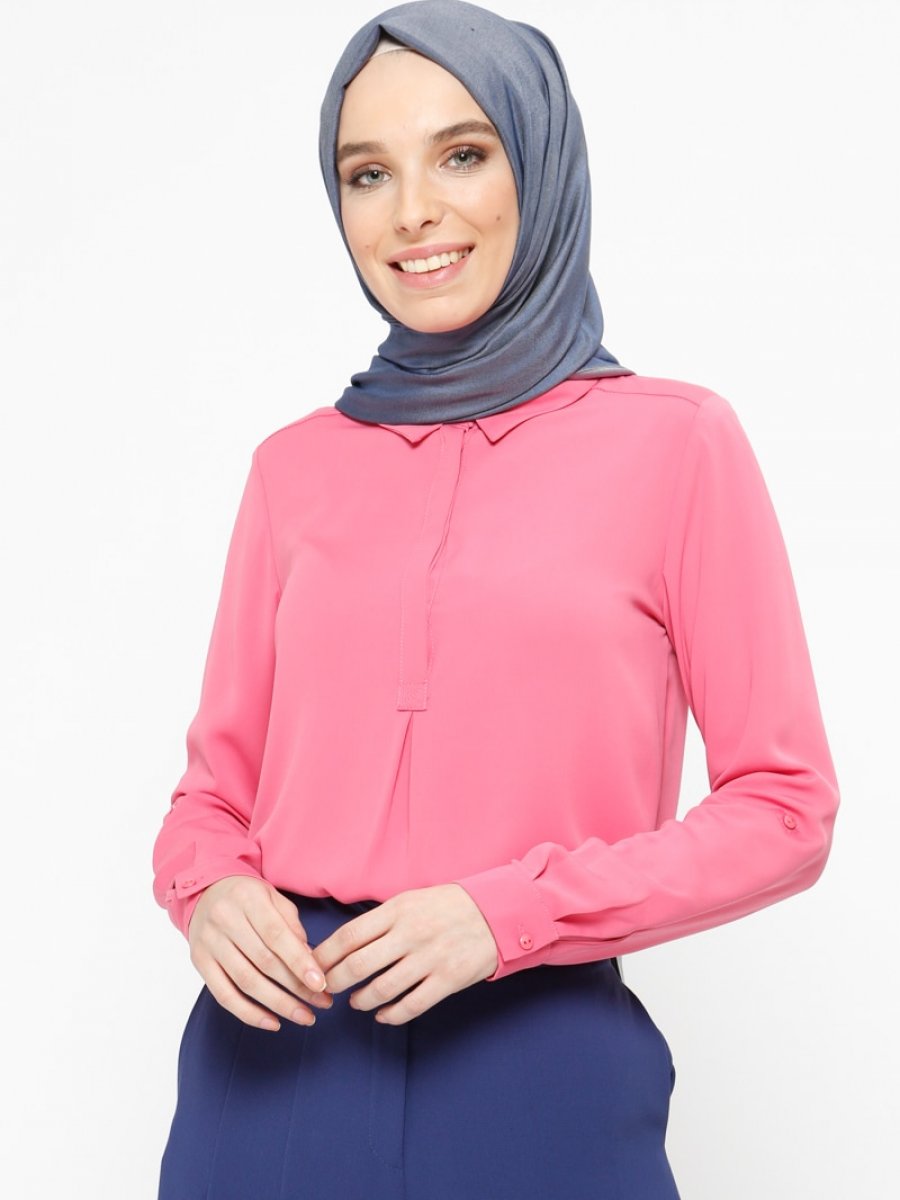 TUĞBA Gizli Düğme Detaylı Pembe Bluz