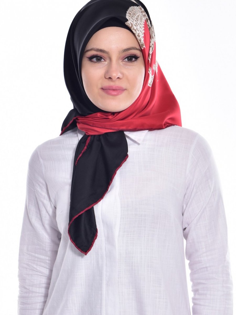 Sefamerve Siyah Kirmizi Desenli Twill Esarp Ehl I Tesettur