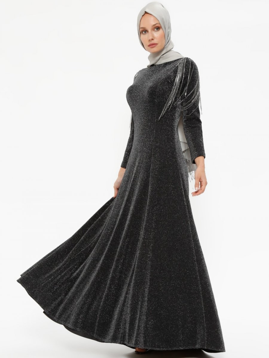 Puane Kendinden Simli Siyah Abiye Elbise