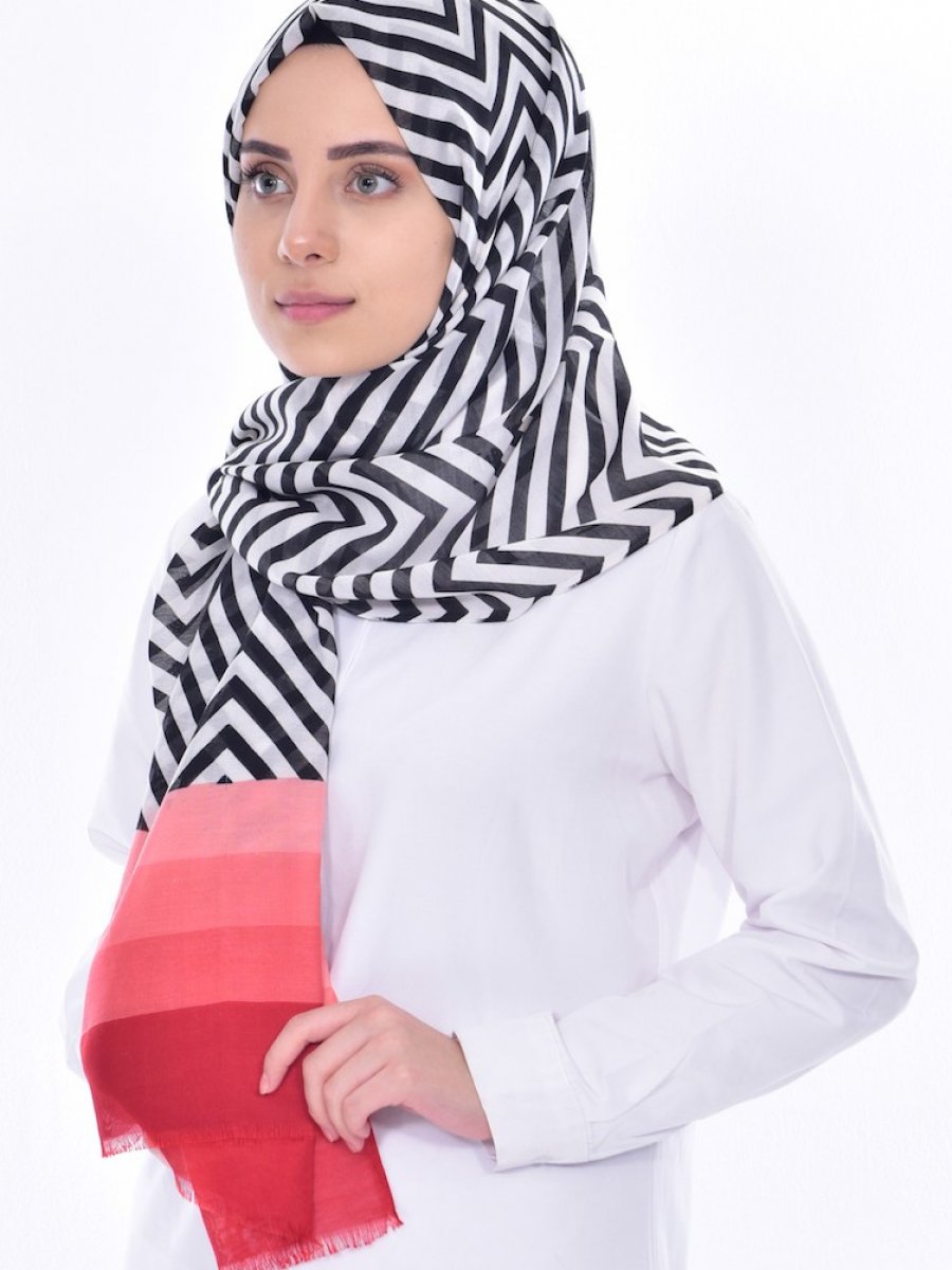 Sefamerve Çizgili Şeritli Renkli Somon Şal