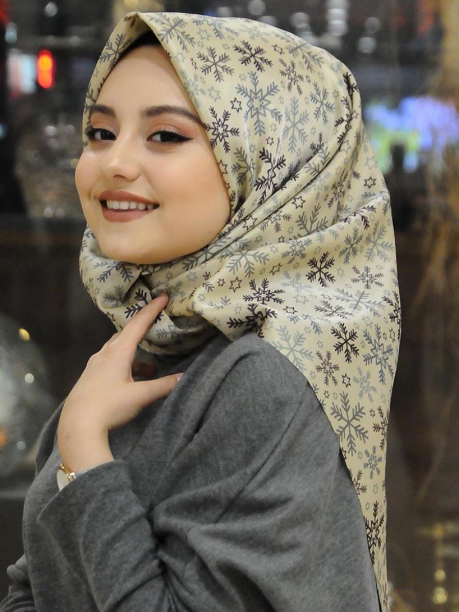 Afvente Bej Dijital Baskılı Tafta Eşarp