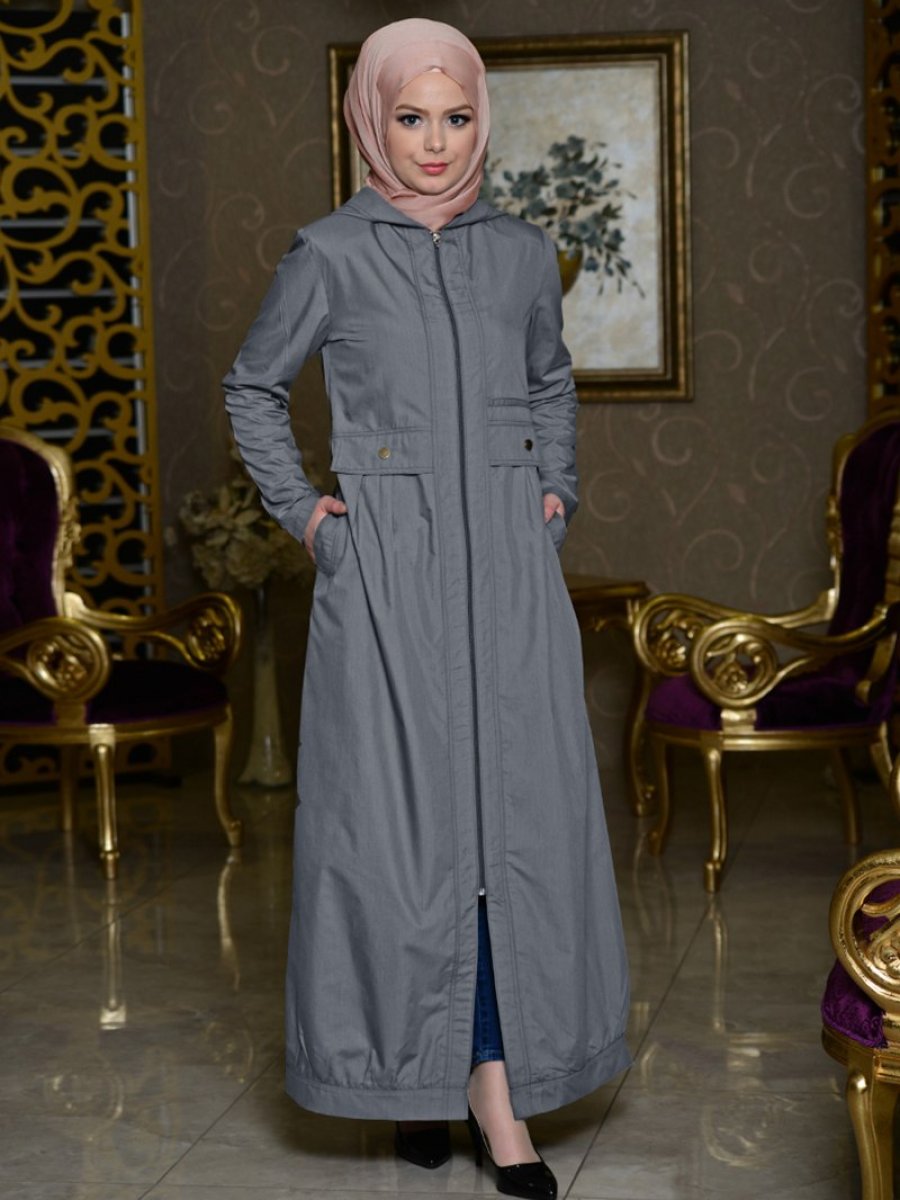 Iz Otantik Pamuklu Mevsimlik Gri Pardesu Ehl I Tesettur