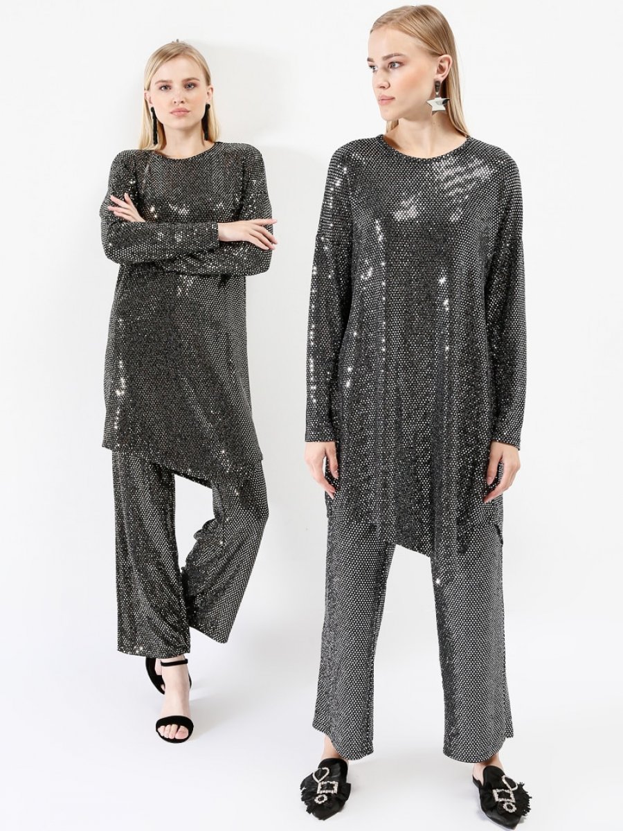 İkoll Pul Payetli Tunik&Pantolon İkili Gümüş Takım