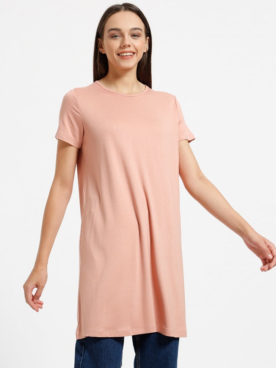 Everyday Basic 85 cm Doğal Kumaştan Kısa Kollu Pastel Pembe Tunik