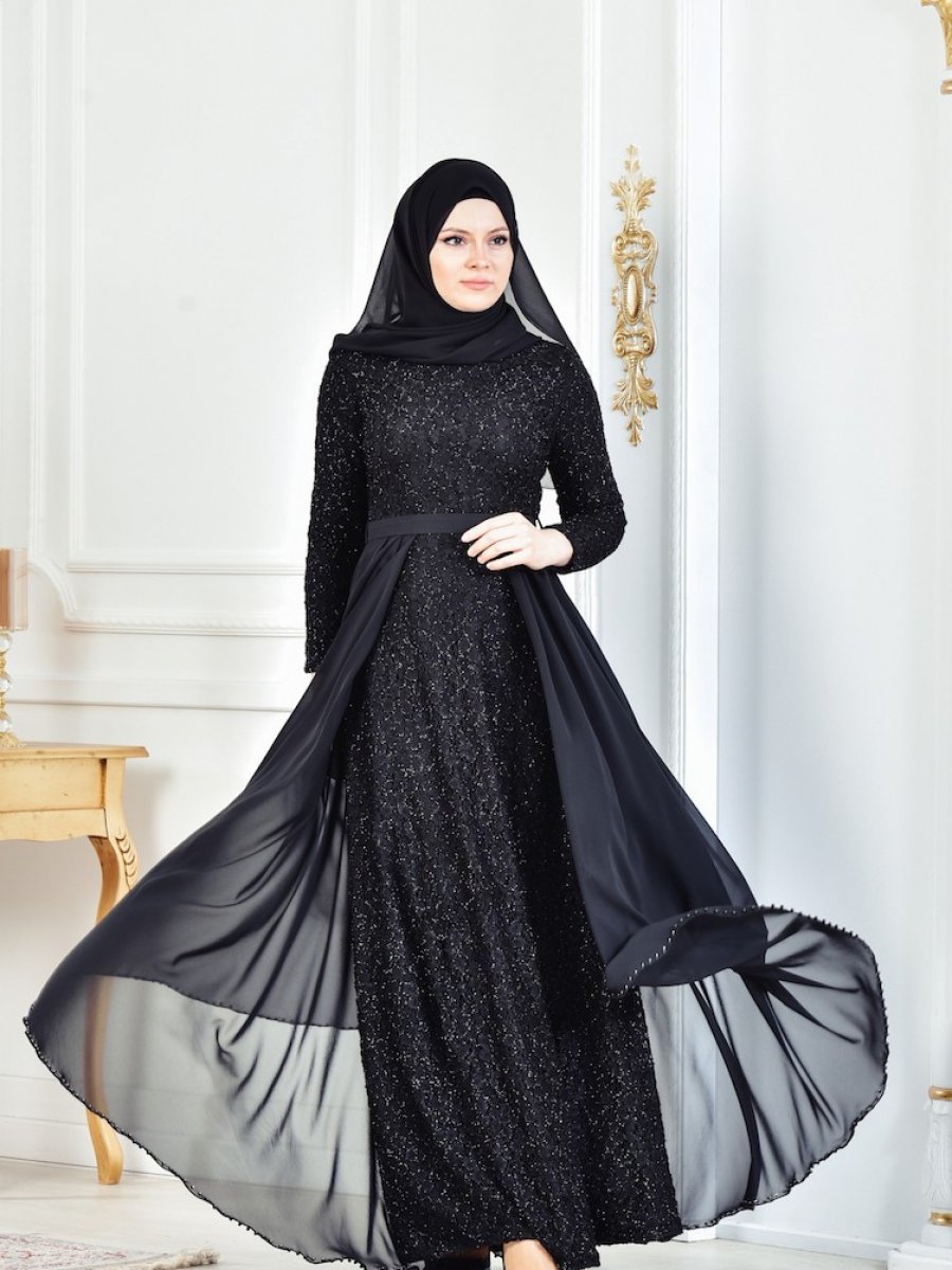 Sefamerve Dantel Kaplama Kuşaklı Siyah Abiye Elbise