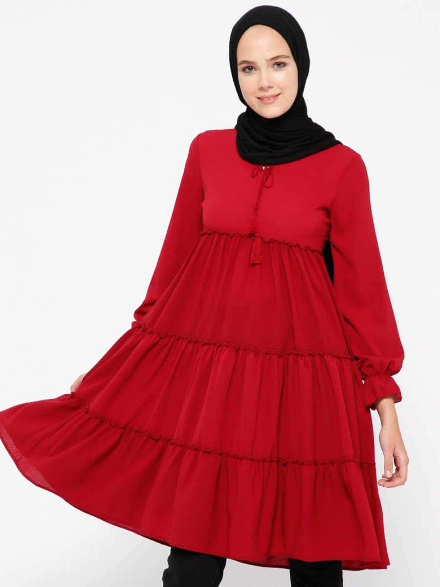 Beha Tesettür Fırfırlı Bordo Tunik
