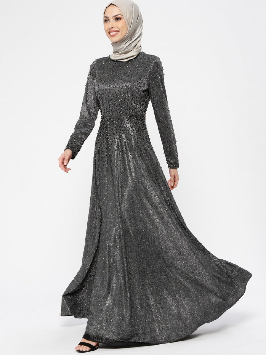 Armine İncili Siyah Abiye Elbise