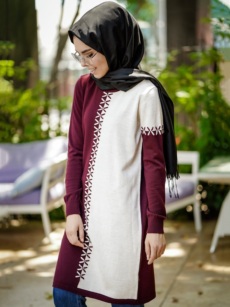 İnşirah Desenli Triko Bordo Tunik