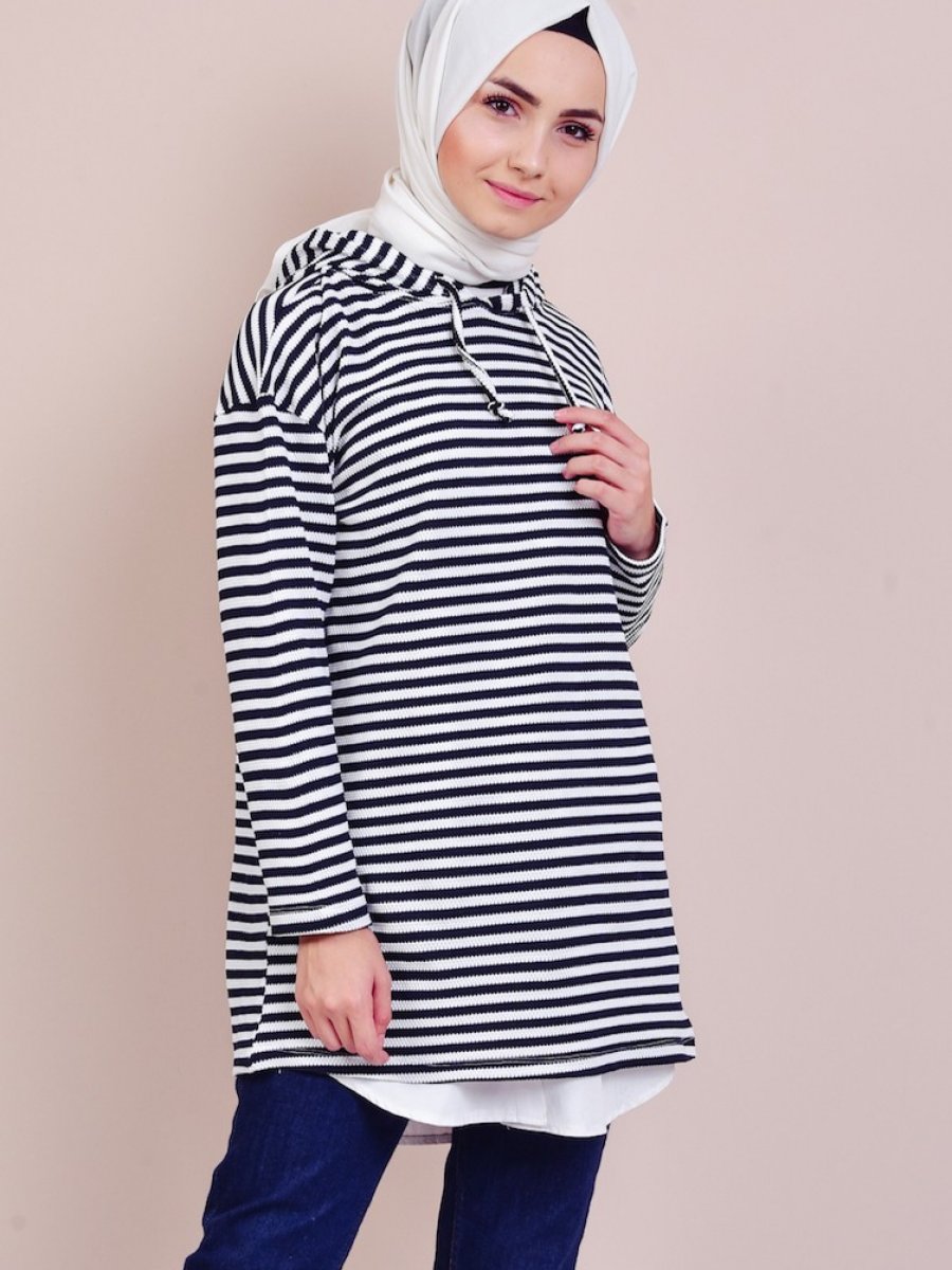 Sefamerve Siyah Beyaz Çizgili Sweatshirt