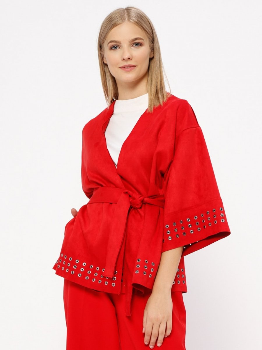 Kaktüs Kırmızı Kuşgözlü Süet Kimono