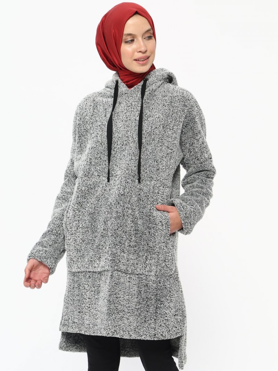 Neways Kapüşonlu Peluş Gri Tunik