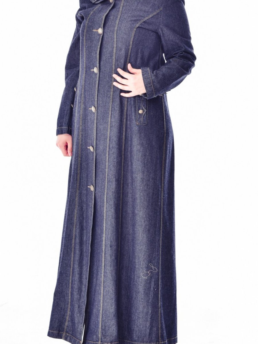 Sefamerve Buyuk Beden Dugmeli Kot Koyu Lacivert Pardesu Ehl I Tesettur