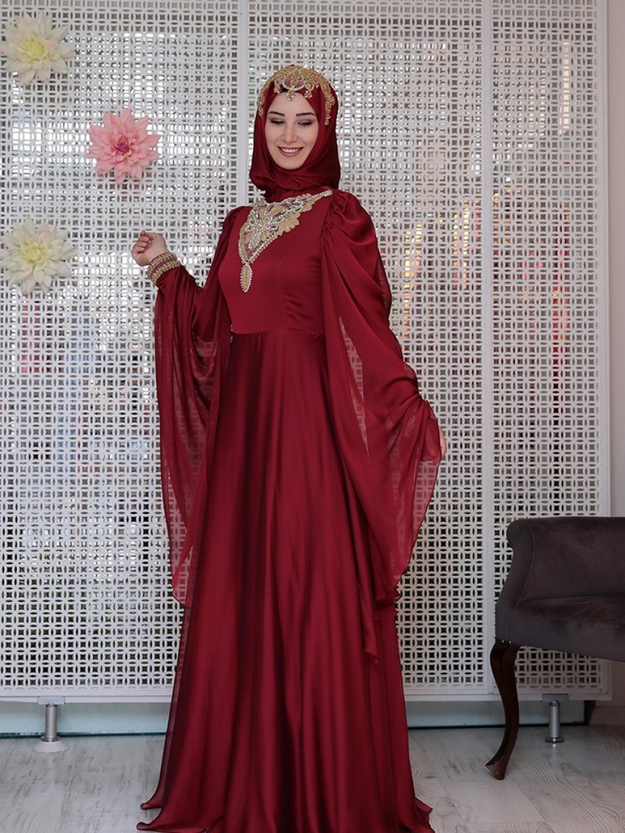 Sefamerve Pelerin İşlemeli Bordo Abiye Elbise Ehli Tesettür