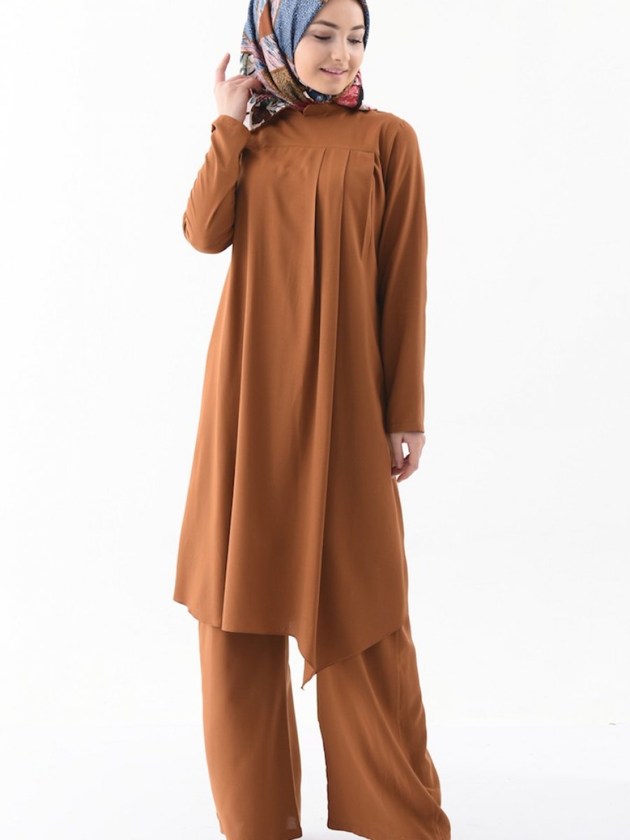 Sefamerve Asimetrik Tunik Pantolon İkili Taba Takım