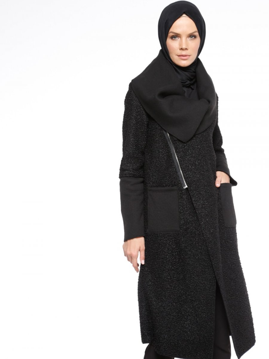 Fashion Box London Siyah Fermuarlı Kaban